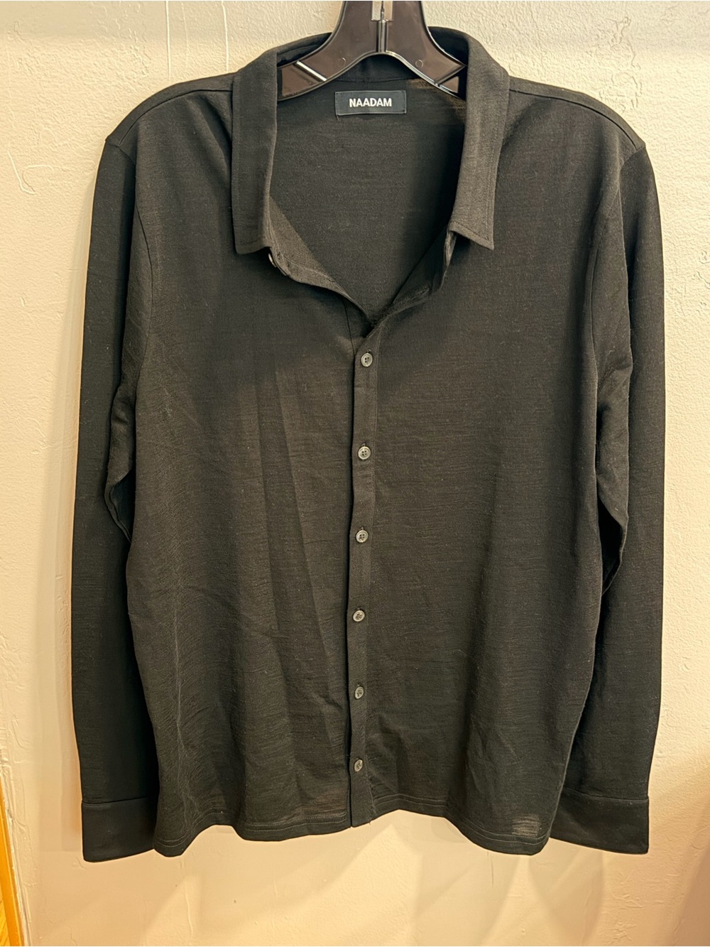 NAADAM Black Wool blend Long-Sleeve Button-Front Lightweight Knit Shirt #480